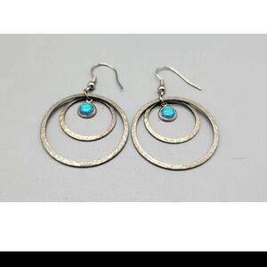 Silver Double Hoop Earrings with Blue Opal Accent